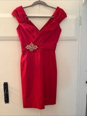 Badgley Mischka Red V-Neck Midi Dress with Jeweled Waist Accent
